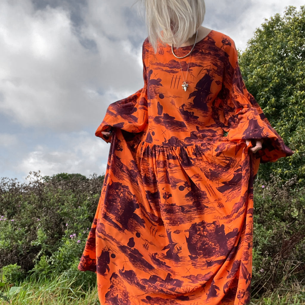 Dusk Dress in Doomed Voyage print, orange & port