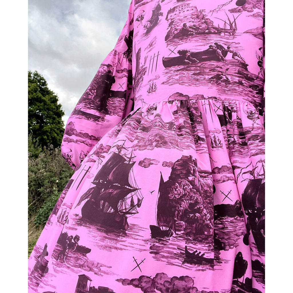 Dusk Dress in Doomed Voyage print, sorbet & port