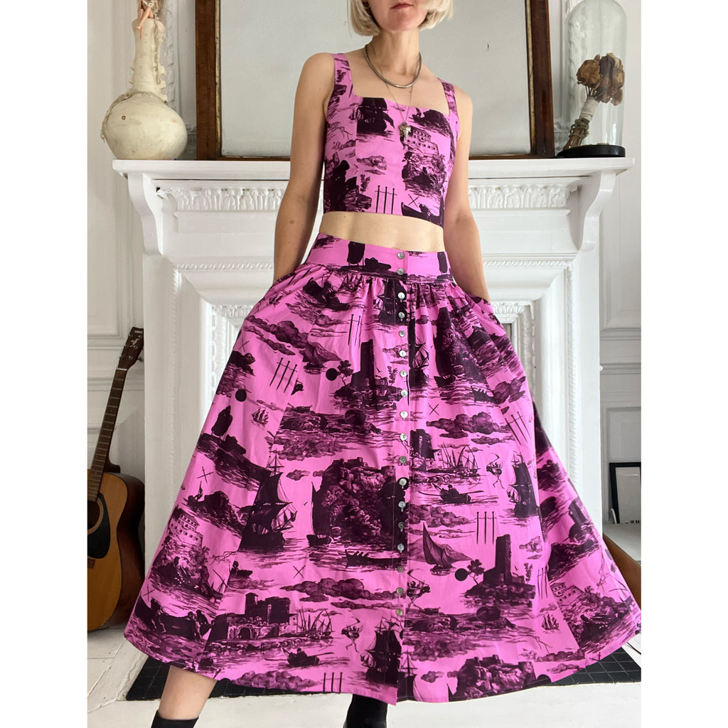 May Bodice Top in Doomed Voyage print, Sorbet pink and Port