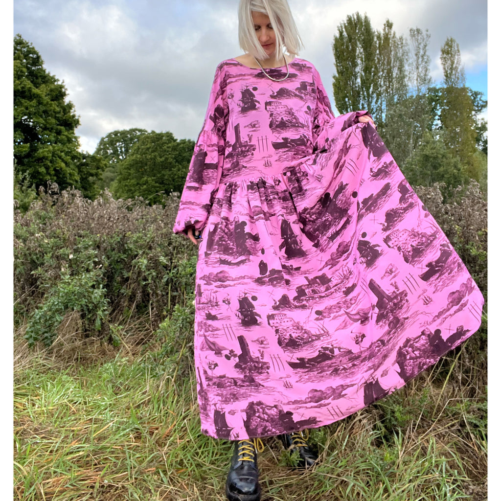 Dusk Dress in Doomed Voyage print, sorbet & port