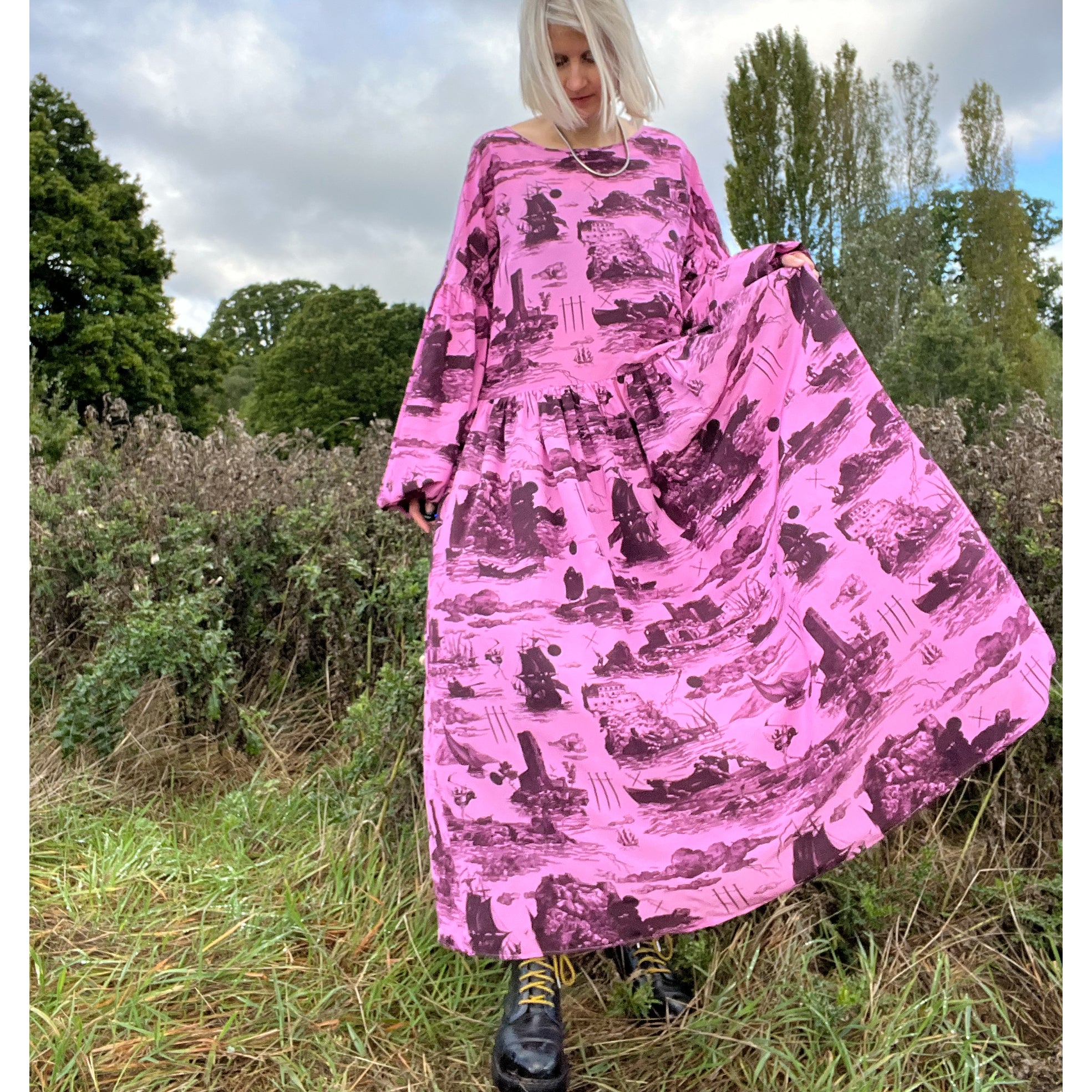 Dusk Dress in Doomed Voyage print, sorbet & port