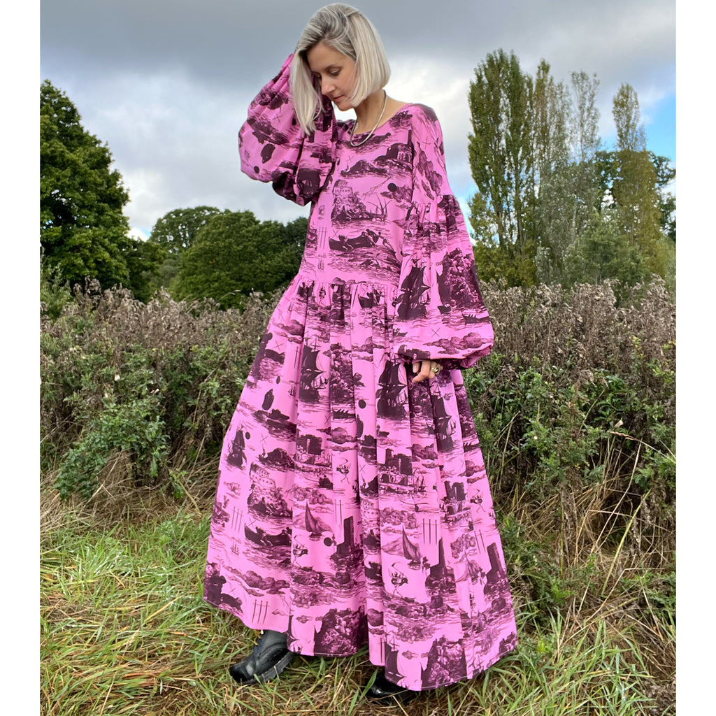 Dusk Dress in Doomed Voyage print, sorbet & port
