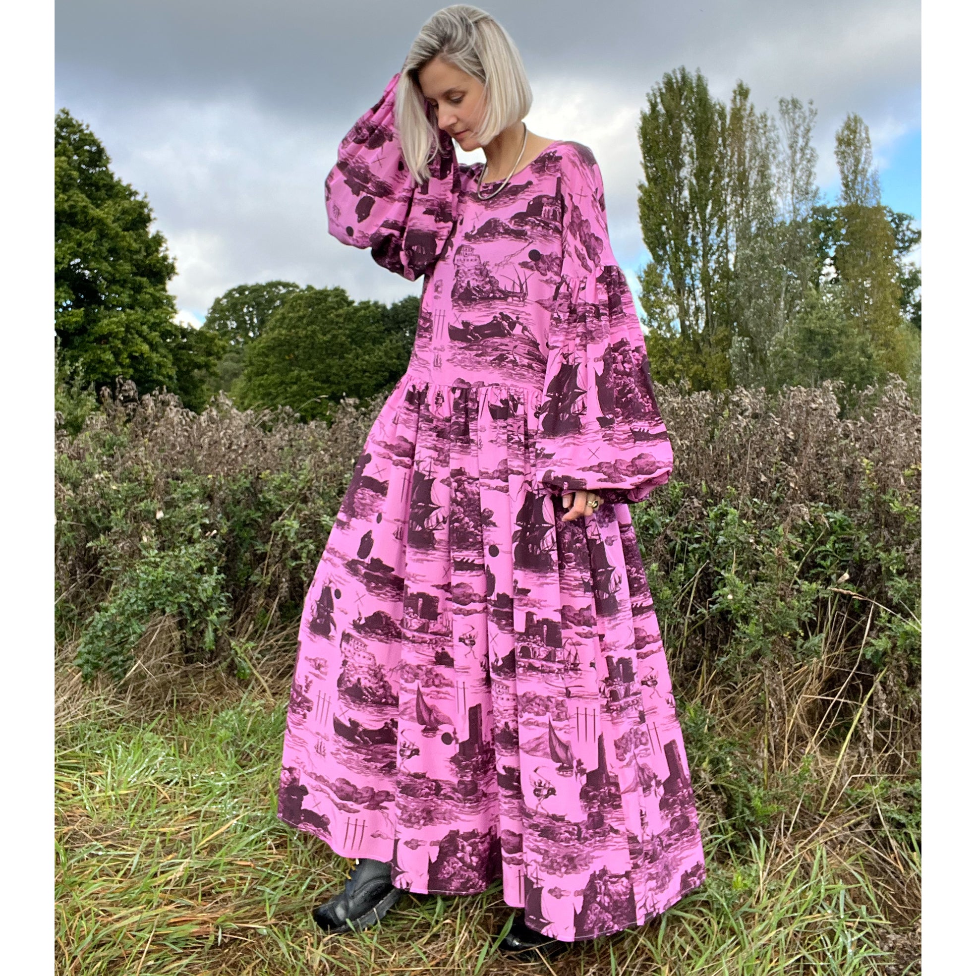 Dusk Dress in Doomed Voyage print, sorbet & port