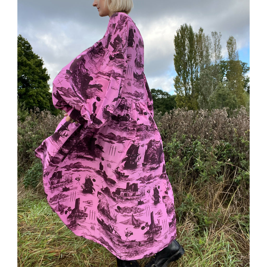 Dusk Dress in Doomed Voyage print, sorbet & port