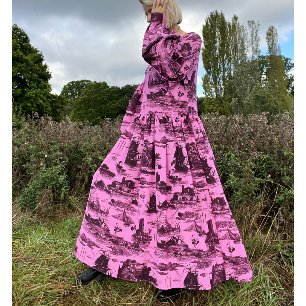 Dusk Dress in Doomed Voyage print, sorbet & port