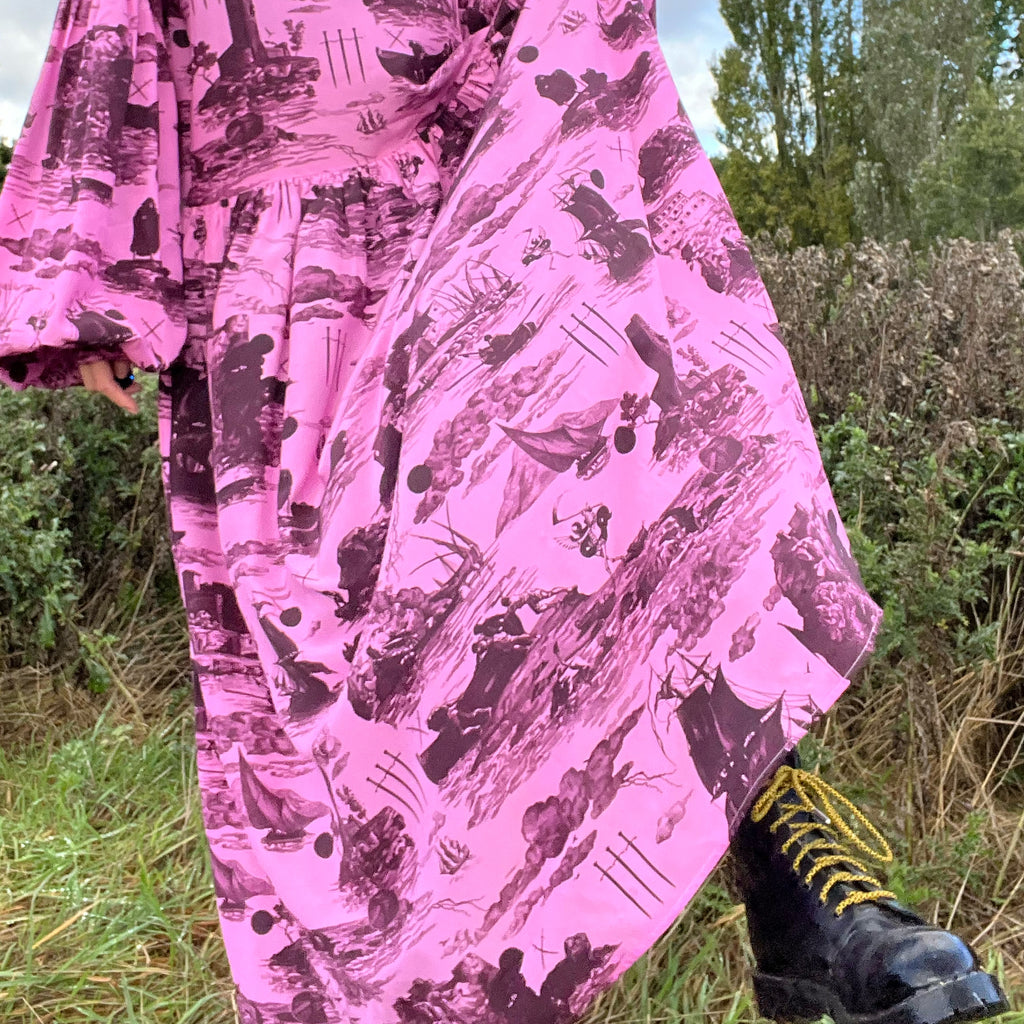 Dusk Dress in Doomed Voyage print, sorbet & port