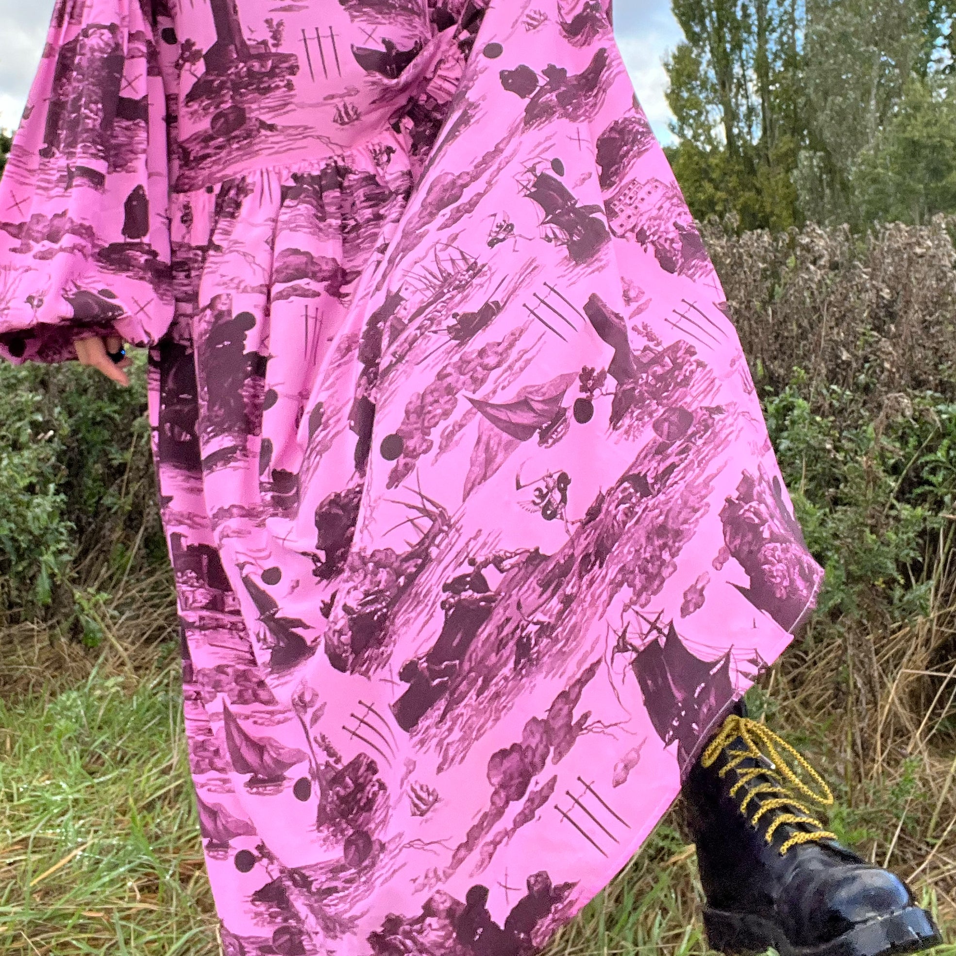 Dusk Dress in Doomed Voyage print, sorbet & port