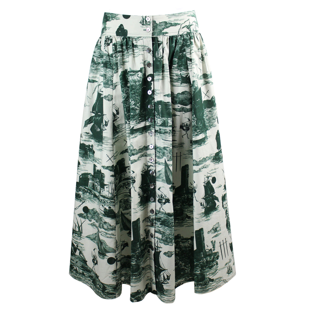Eddie Cotton Skirt Doomed voyage print in Seaweed and Putty