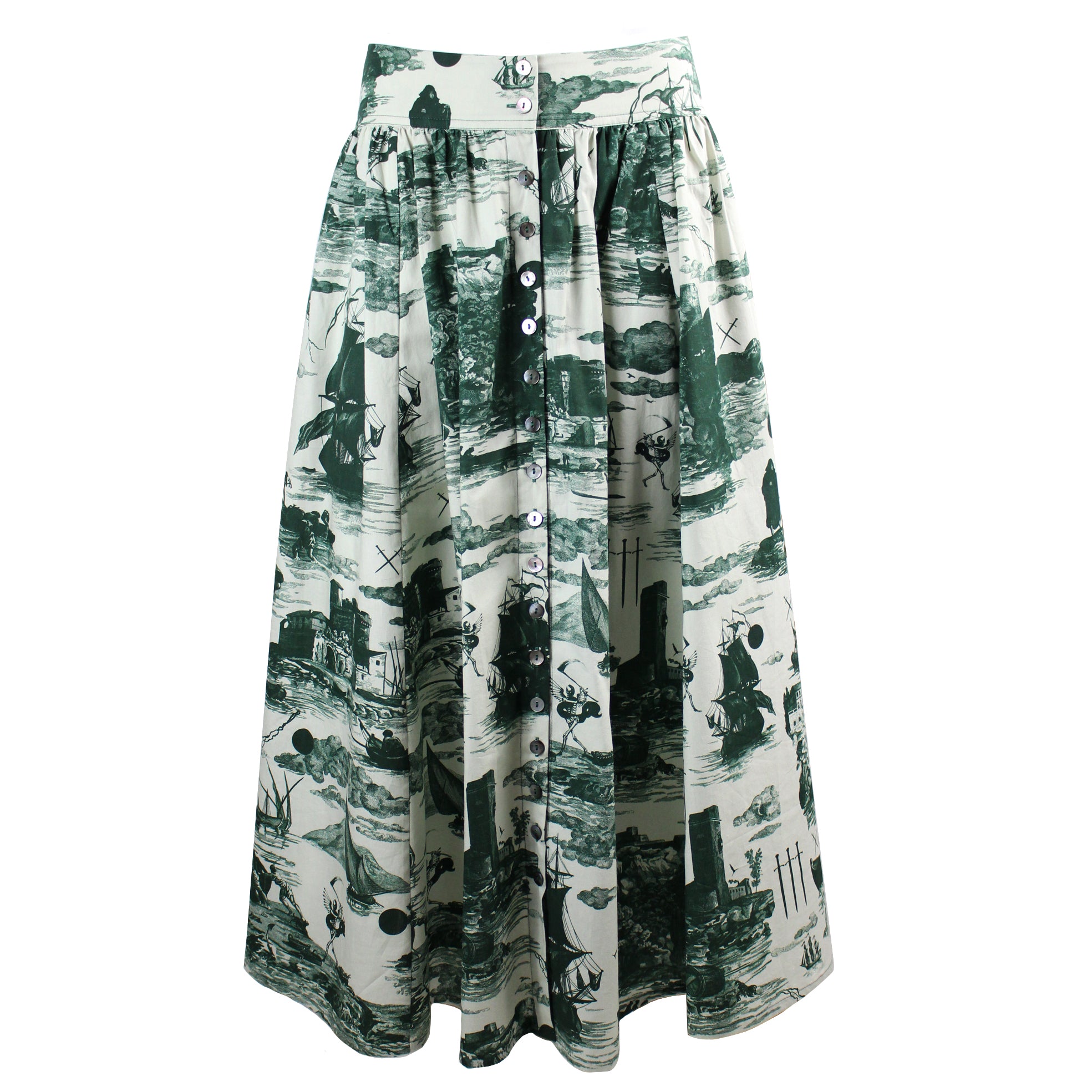 Eddie Cotton Skirt Doomed voyage print in Seaweed and Putty