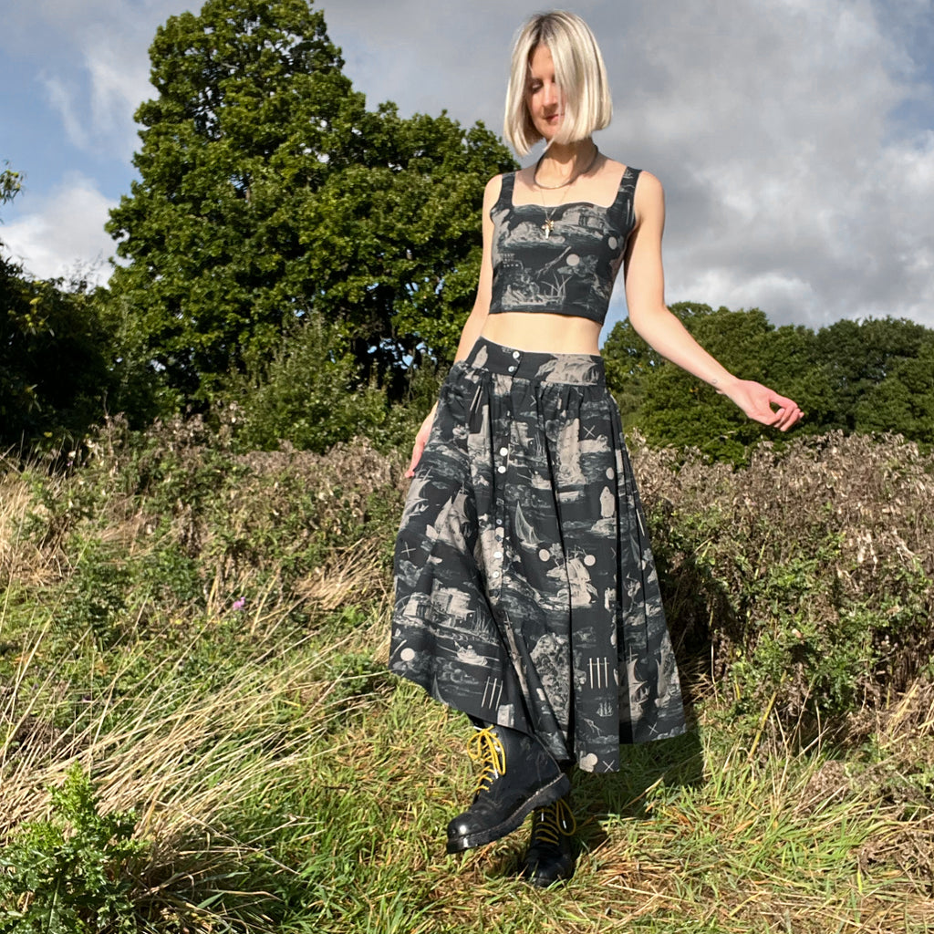 May Bodice Top in Doomed Voyage print, black and beige