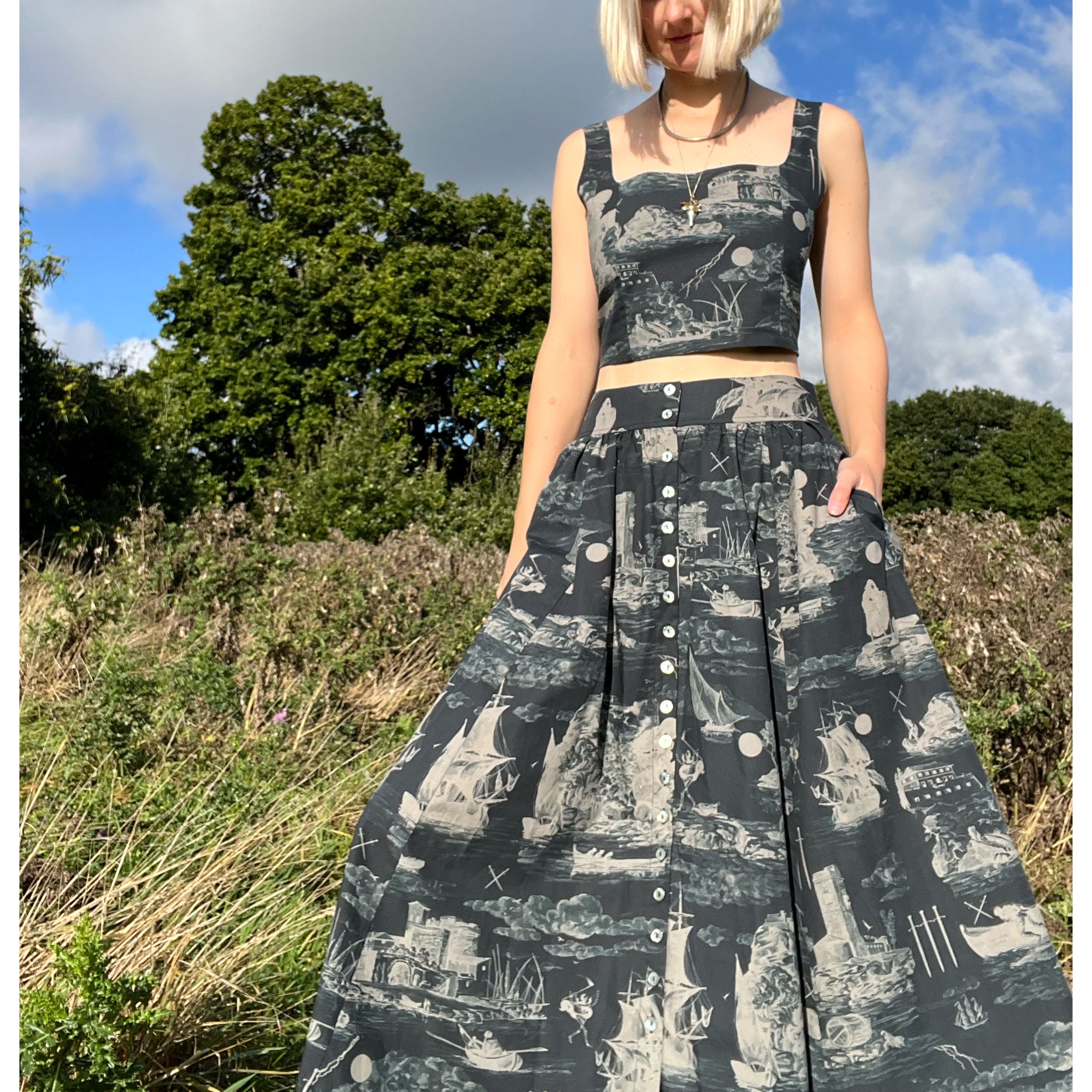 May Bodice Top in Doomed Voyage print, black and beige