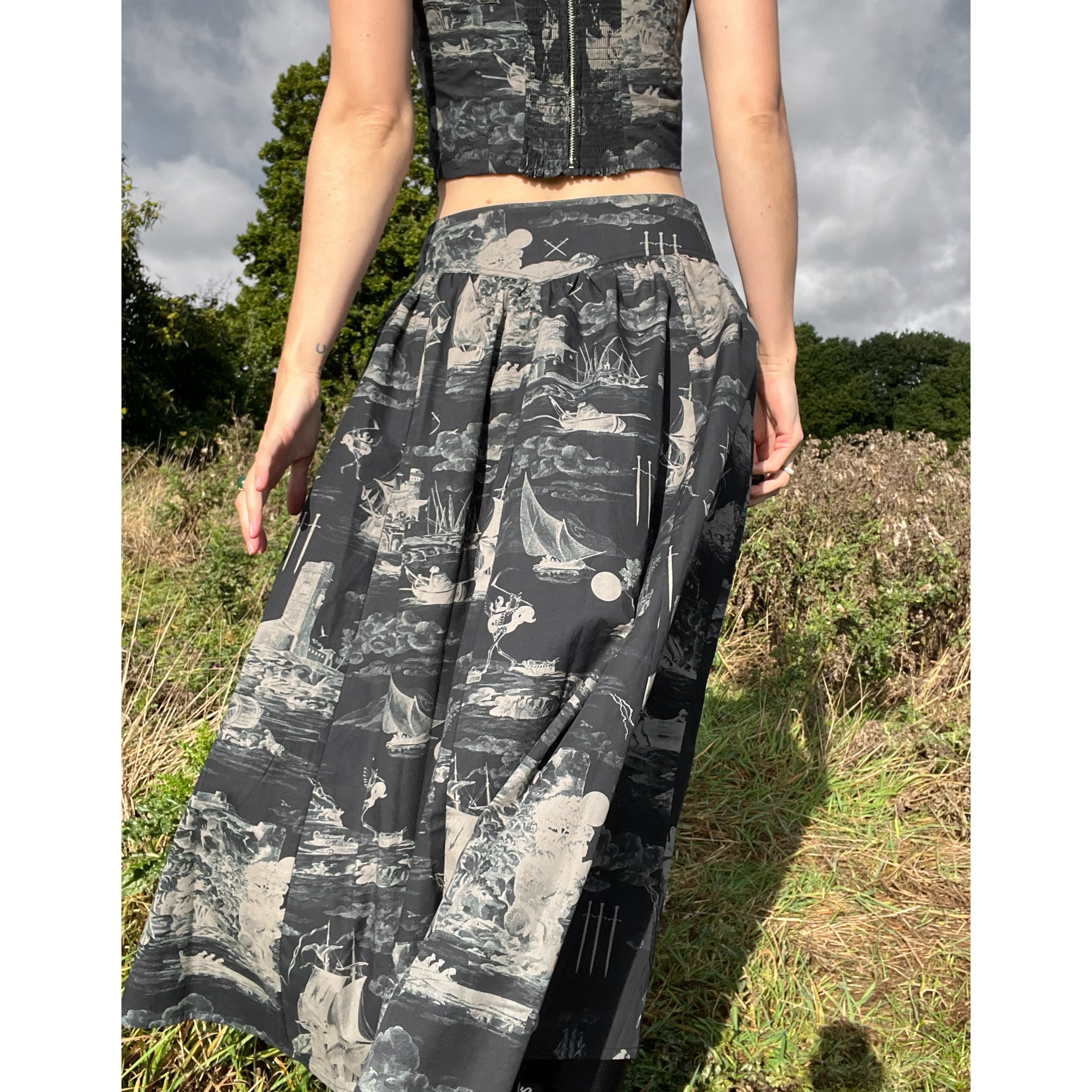 May Bodice Top in Doomed Voyage print, black and beige