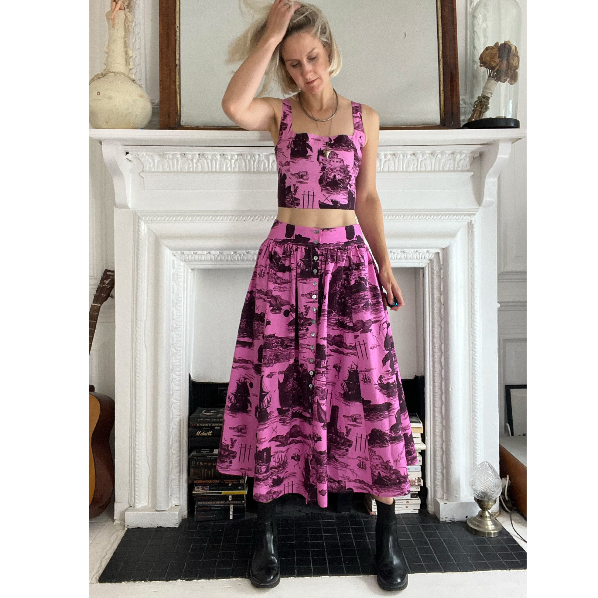 May Bodice Top in Doomed Voyage print, Sorbet pink and Port