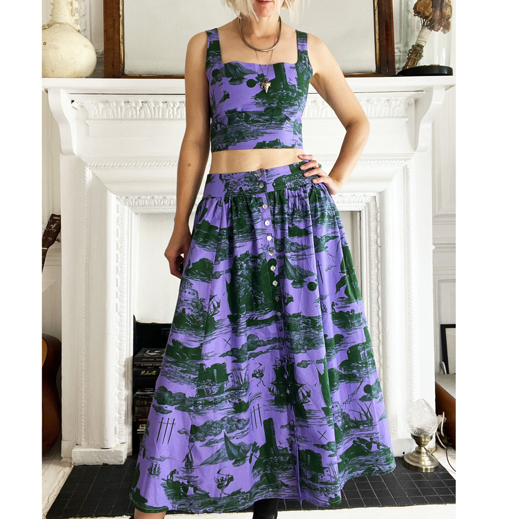 May Bodice Top in Doomed Voyage print, violet and deep forest