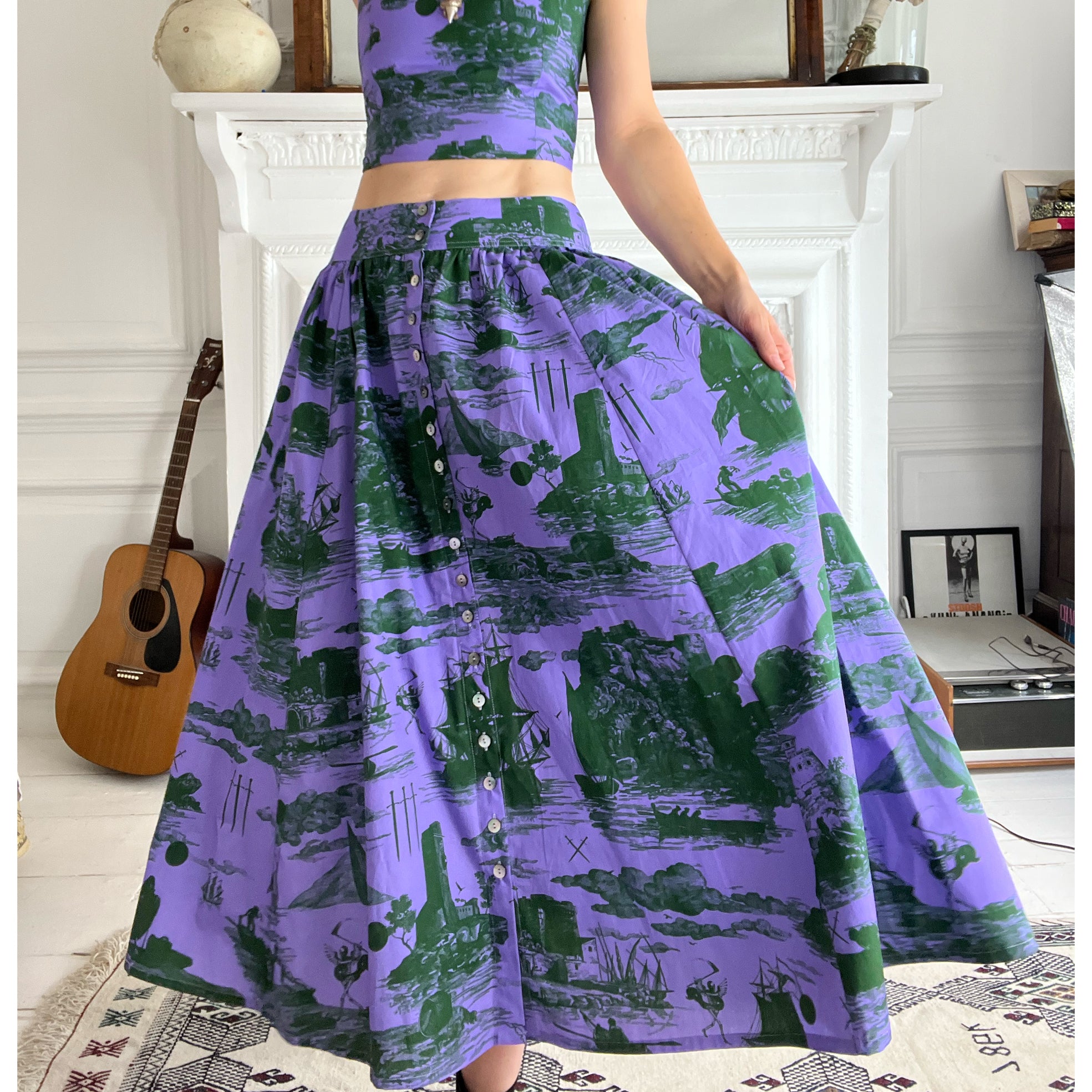 Eddie Cotton Skirt Doomed voyage print in violet and deep forest