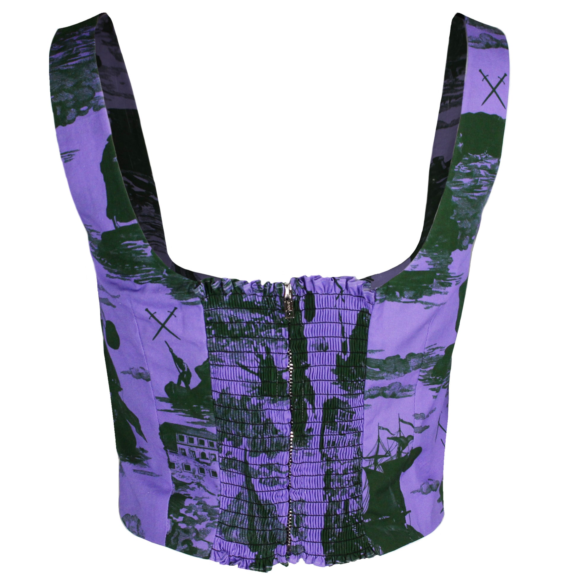 May Bodice Top in Doomed Voyage print, violet and deep forest