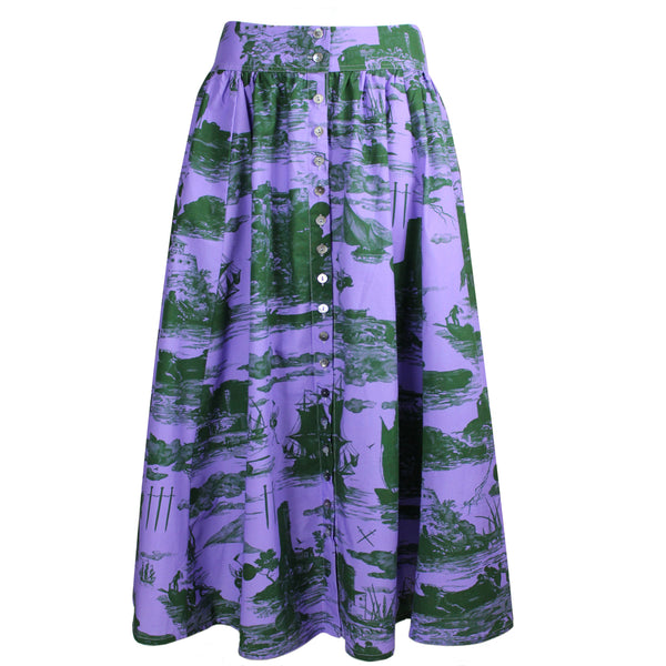 Eddie Cotton Skirt Doomed voyage print in violet and deep forest