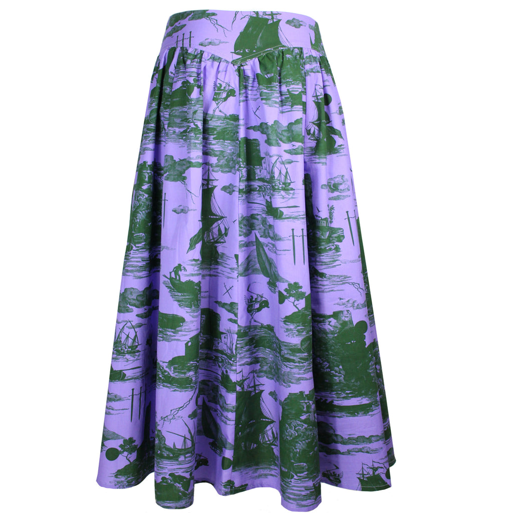 Eddie Cotton Skirt Doomed voyage print in violet and deep forest
