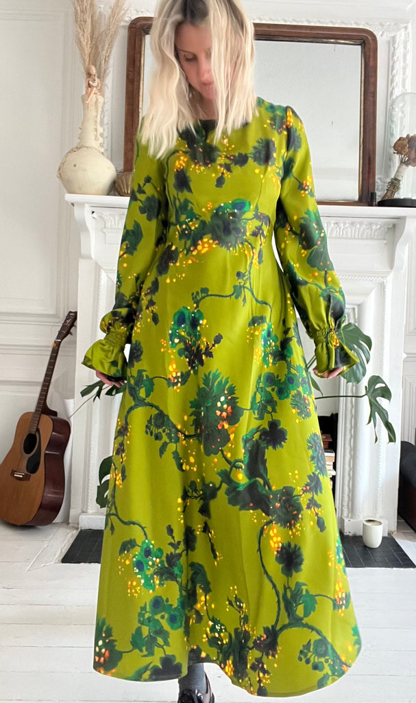 Peggy silk dress in Gothic Floral Acid Ochre