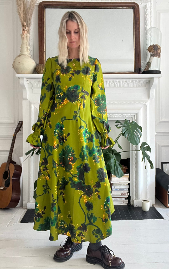 Peggy silk dress in Gothic Floral Acid Ochre