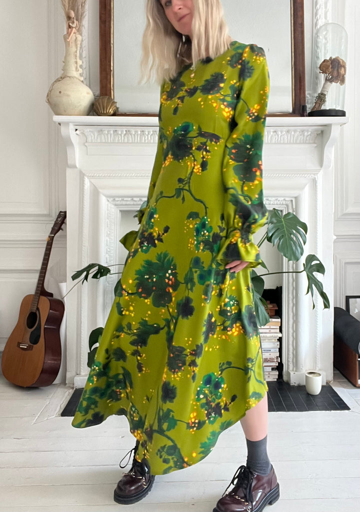 Peggy silk dress in Gothic Floral Acid Ochre