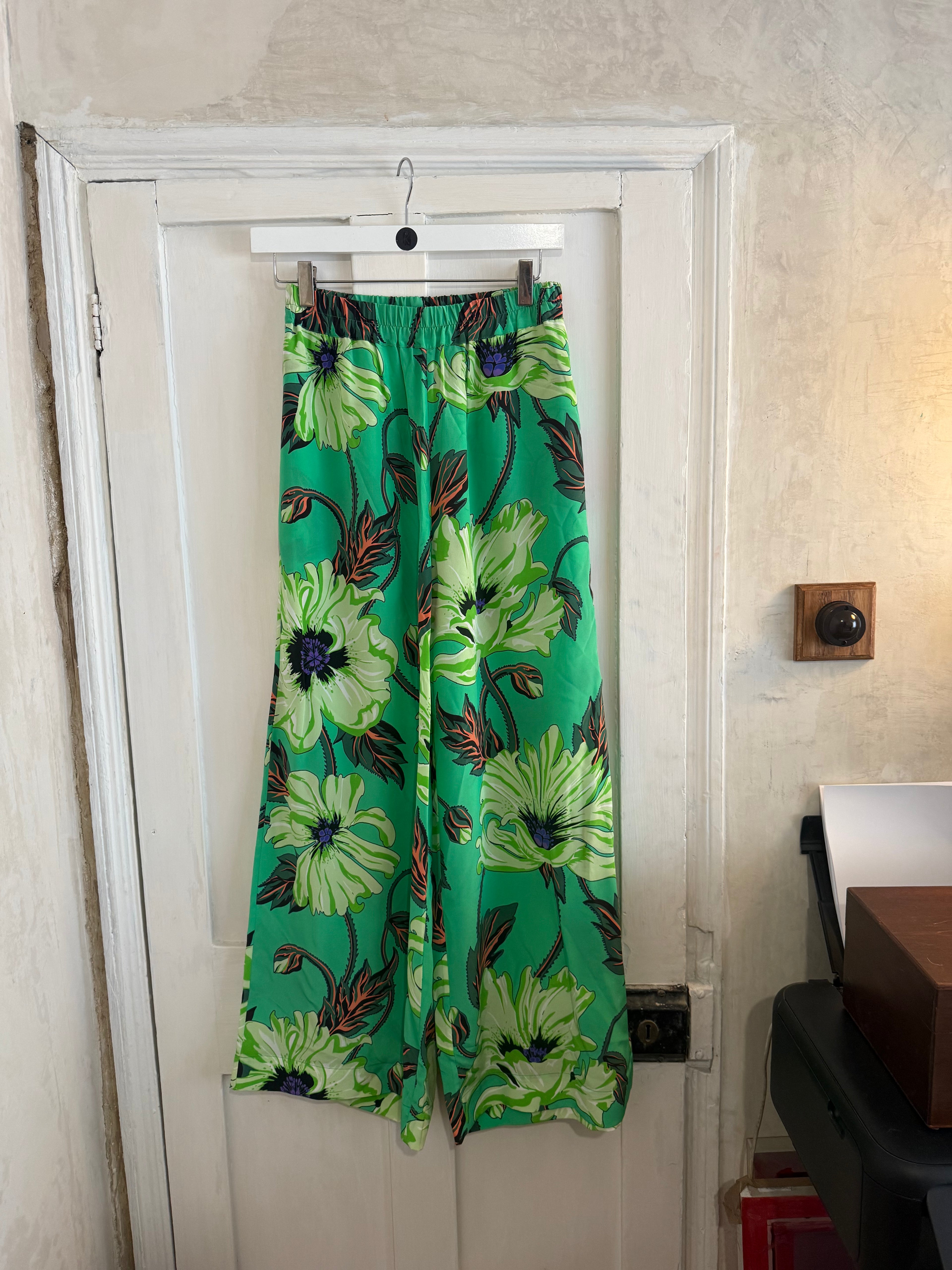 JUNE SAMPLE SALE silk poison poppy trousers XS