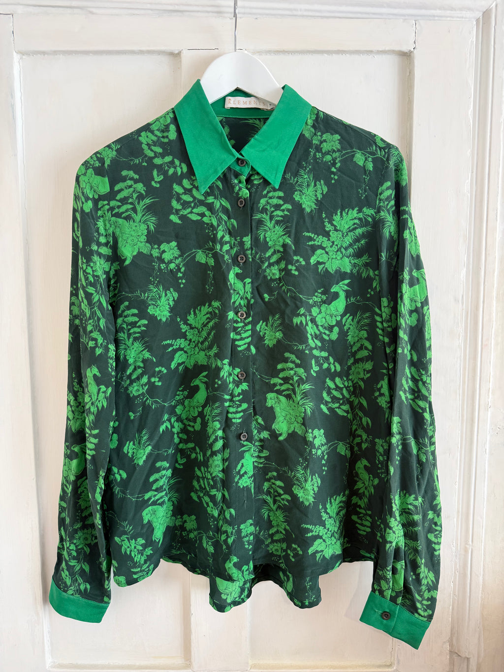 JUNE SAMPLE SALE silk 'green garden puppets' silk shirt small