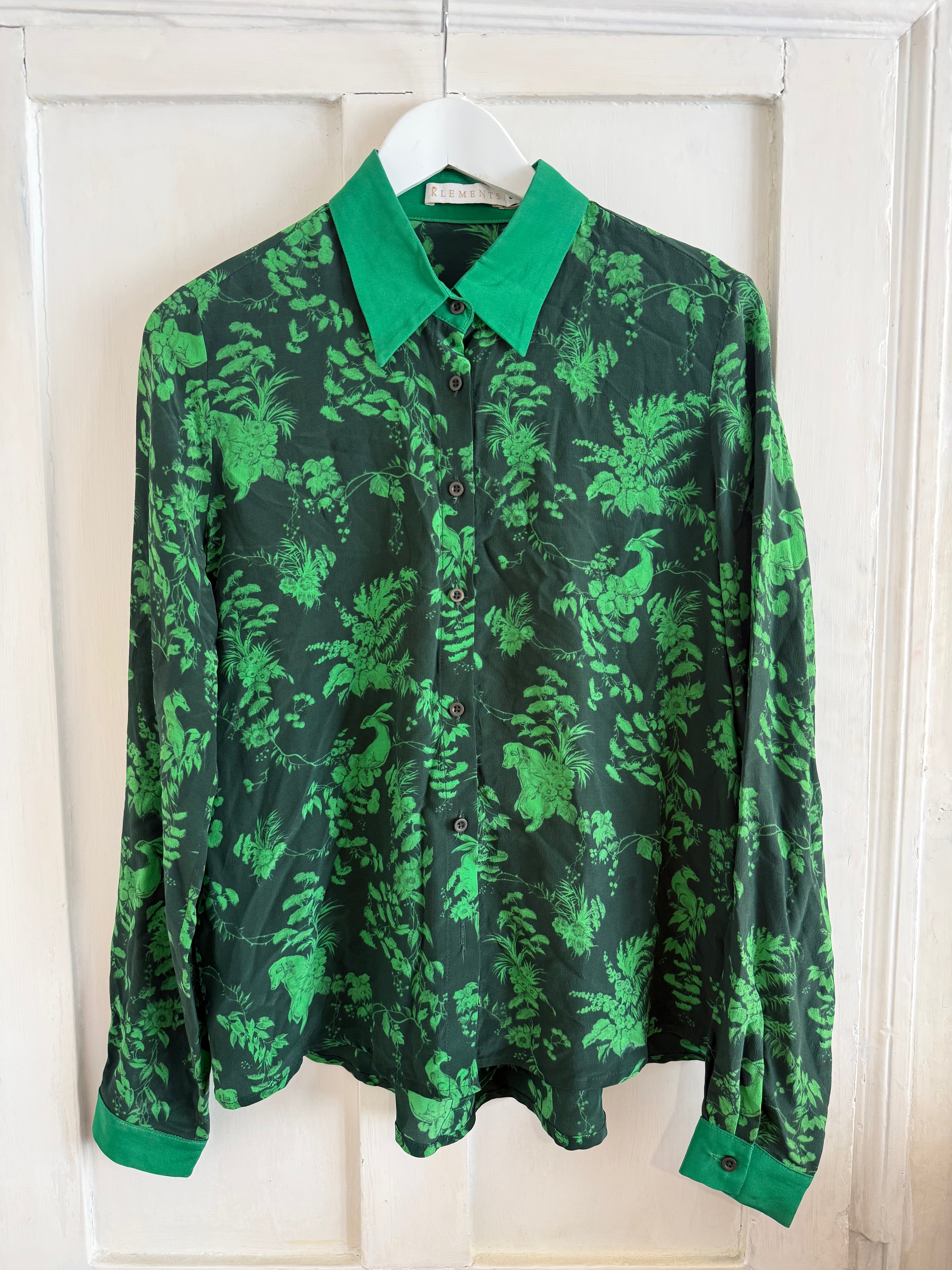 JUNE SAMPLE SALE silk 'green garden puppets' silk shirt small