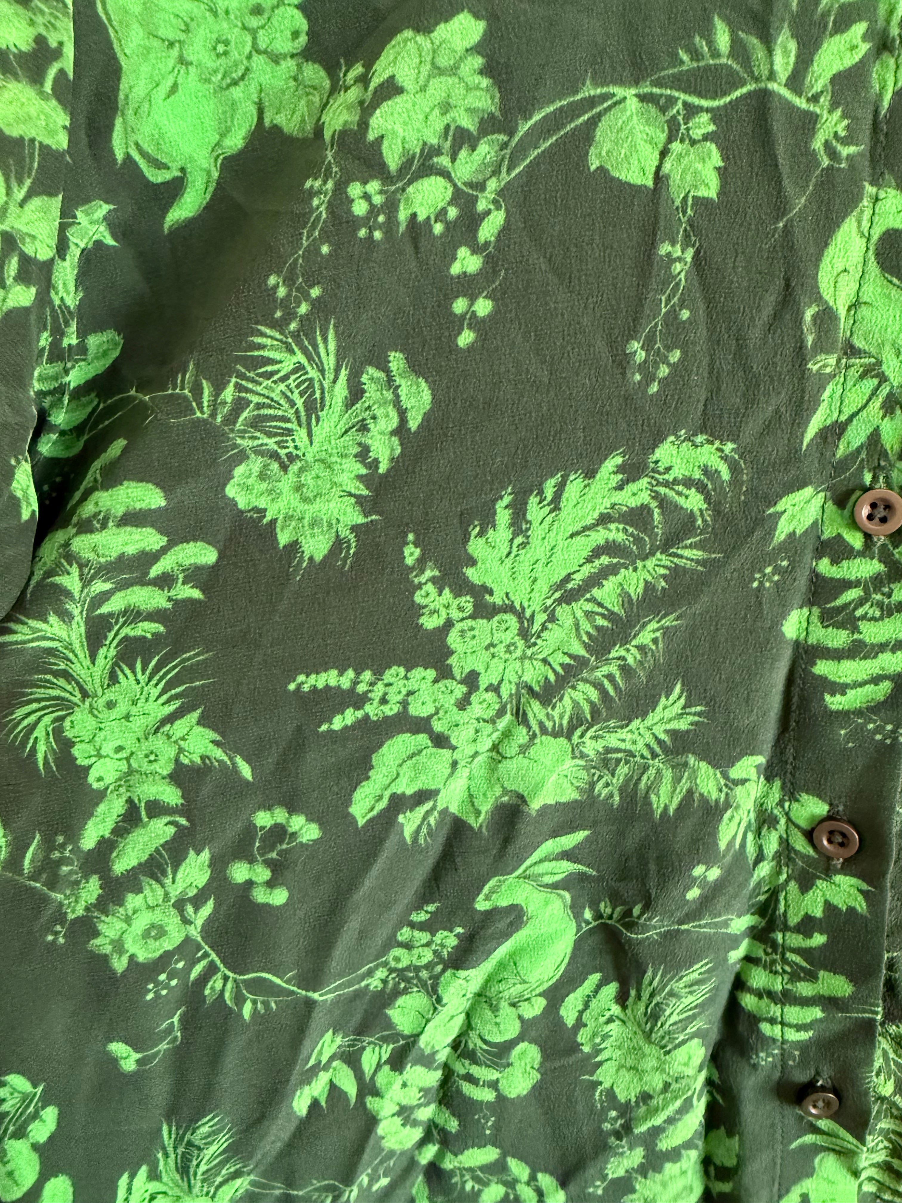 JUNE SAMPLE SALE silk 'green garden puppets' silk shirt small