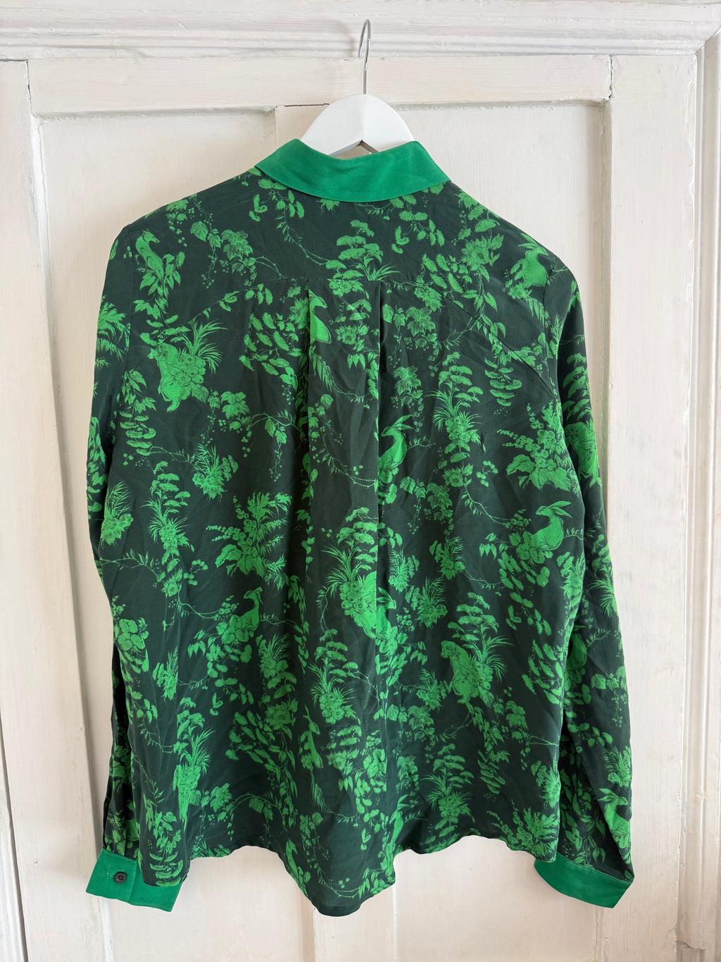 JUNE SAMPLE SALE silk 'green garden puppets' silk shirt small