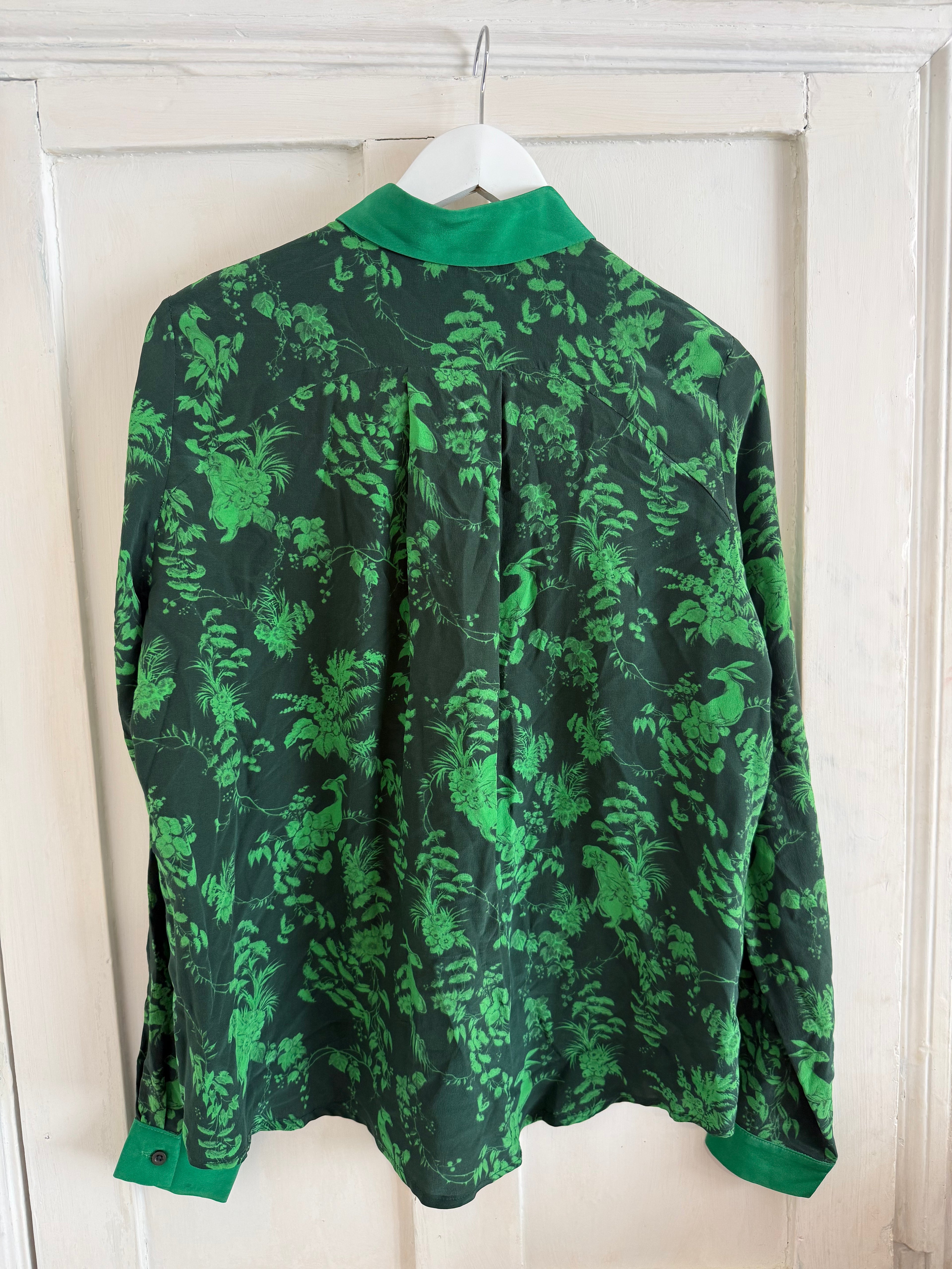 JUNE SAMPLE SALE silk 'green garden puppets' silk shirt small