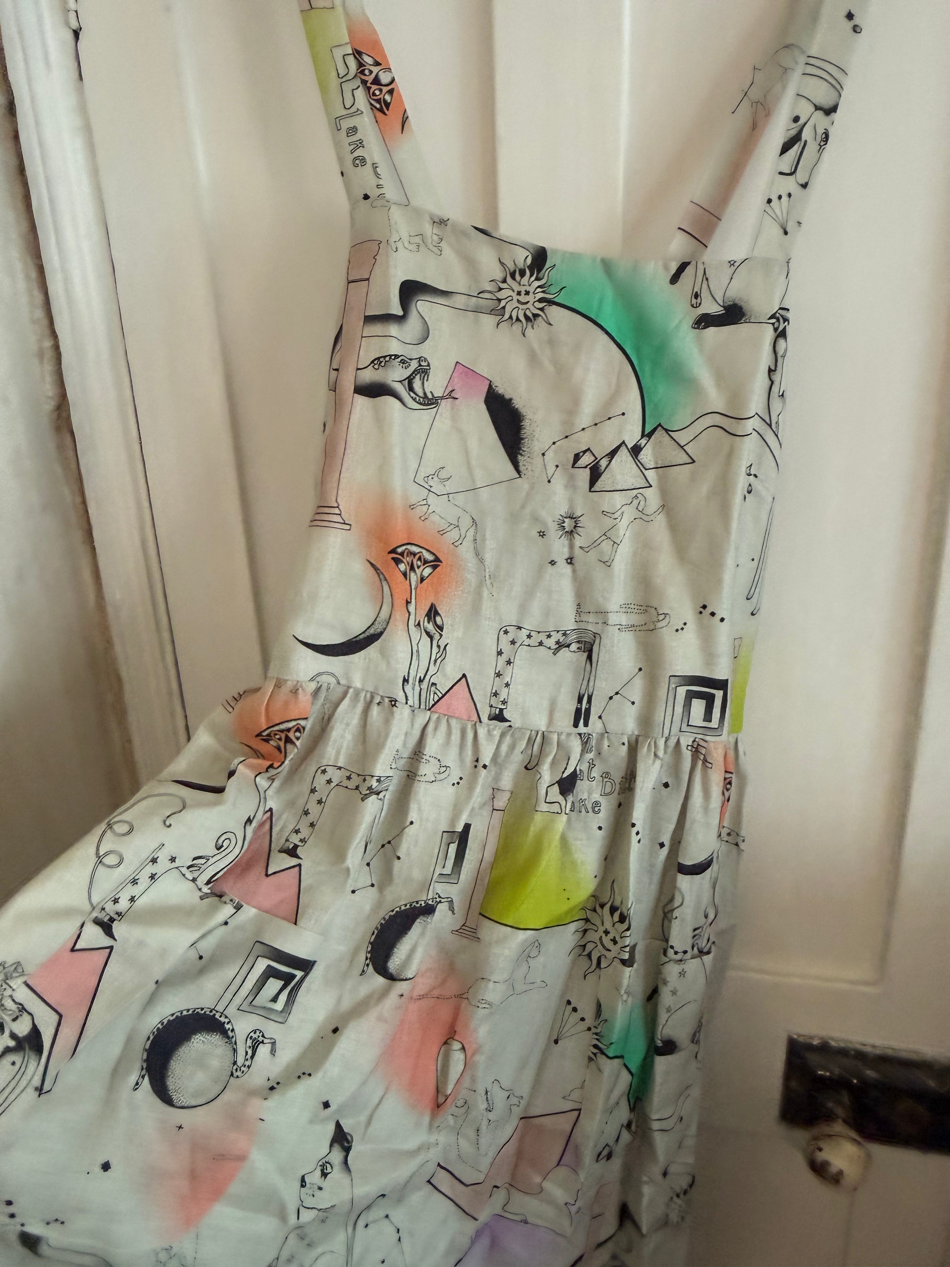 JUNE SAMPLE SALE LINEN EGYPTIAN CARTOON PRINT DRESS L