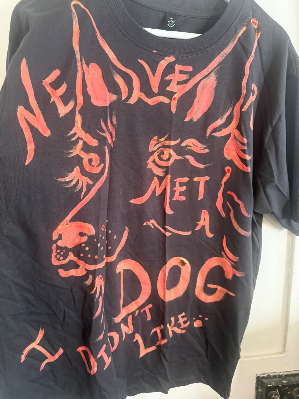 JUNE SAMPLE SALE Never met a dog I didn’t like hand painted T Medium oversized