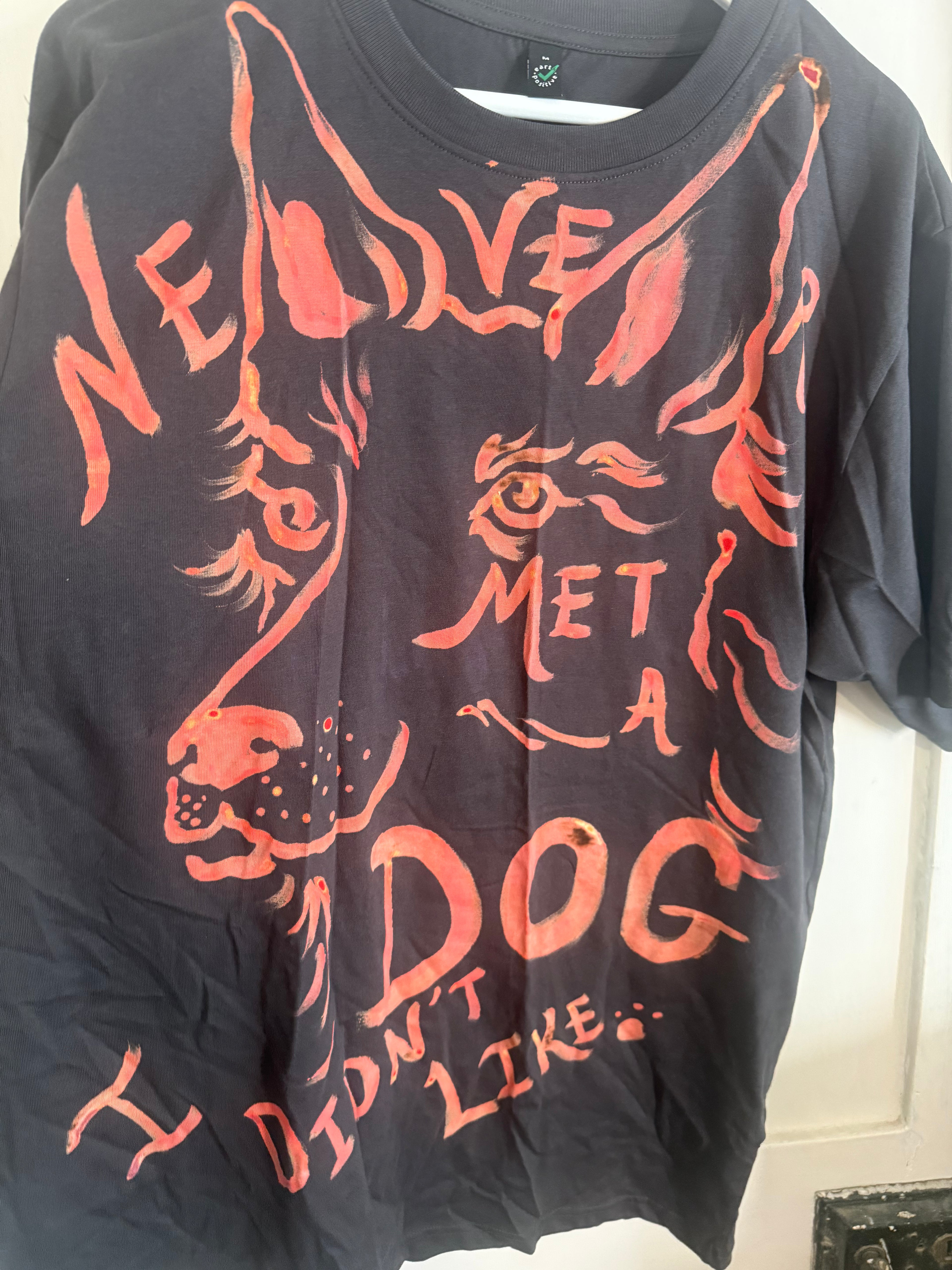 JUNE SAMPLE SALE Never met a dog I didn’t like hand painted T Medium oversized
