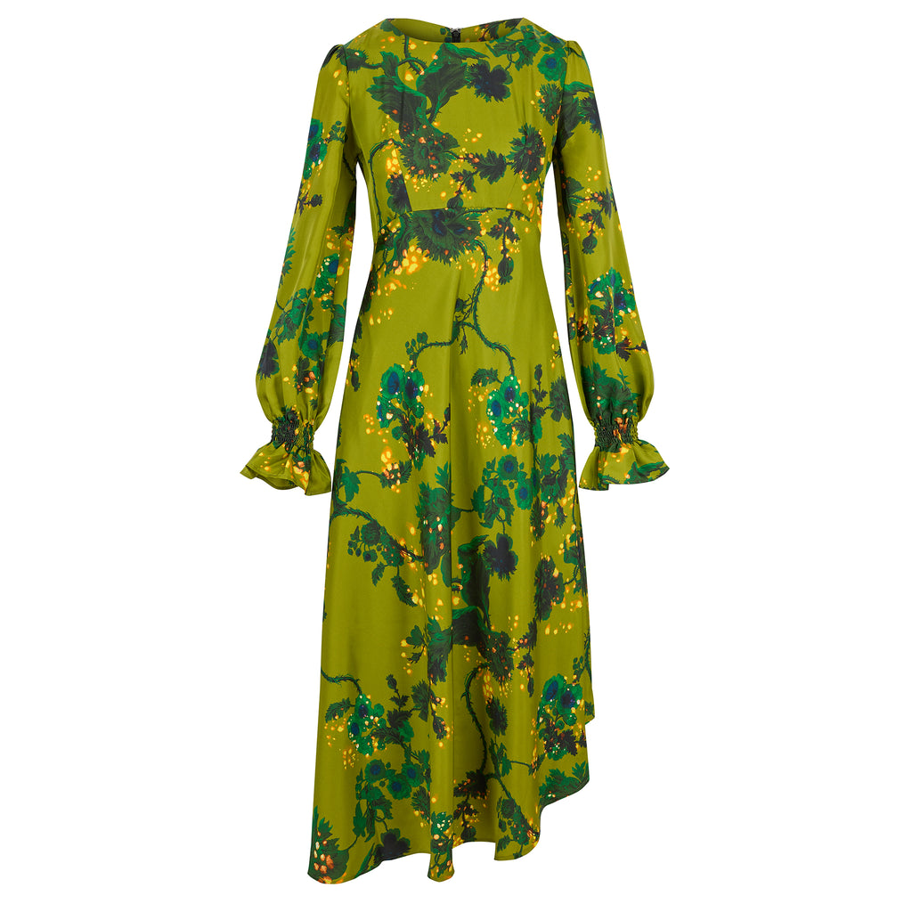 Peggy silk dress in Gothic Floral Acid Ochre