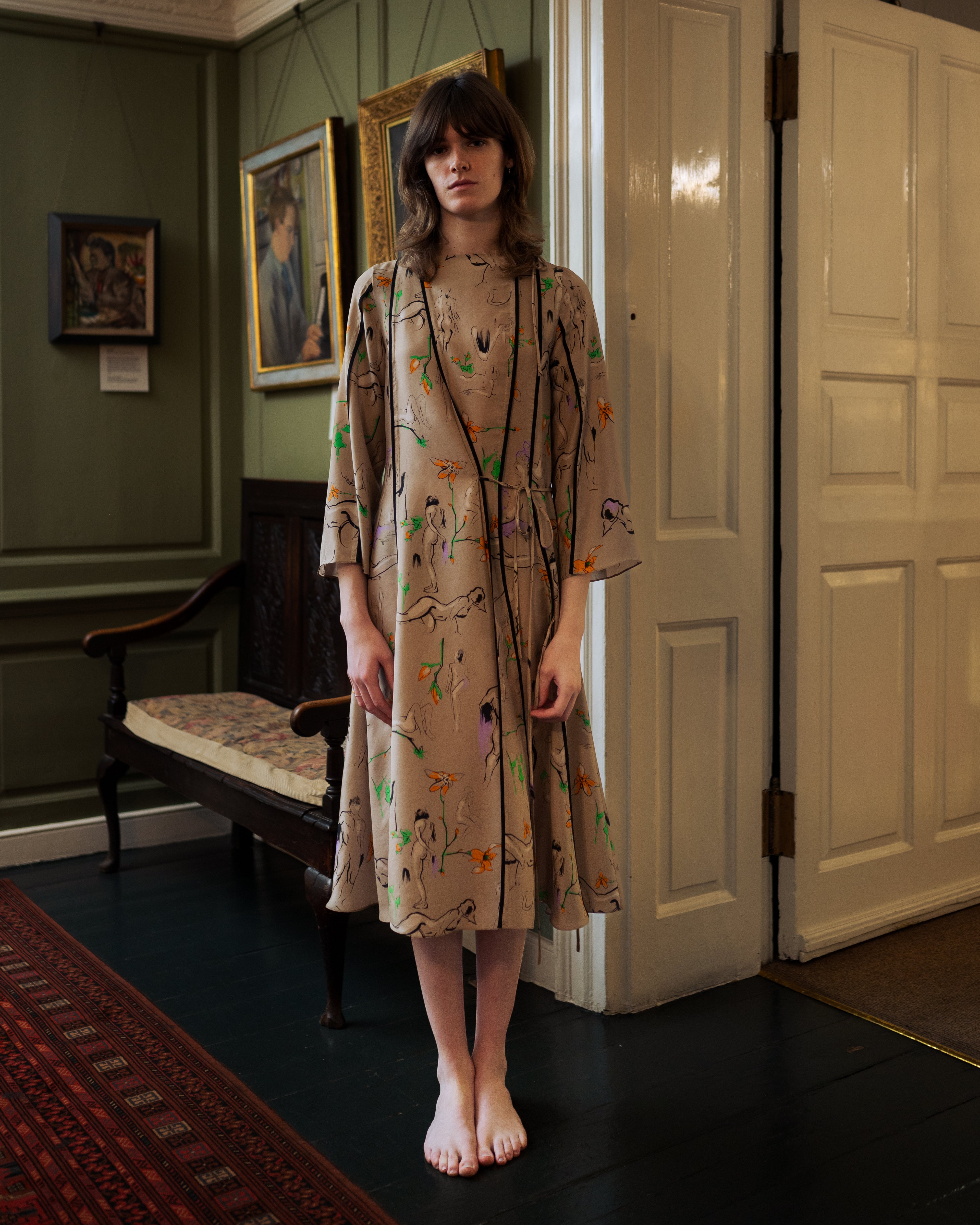 JUNE SAMPLE SALE ponds life drawing print, on silk dress, Medium