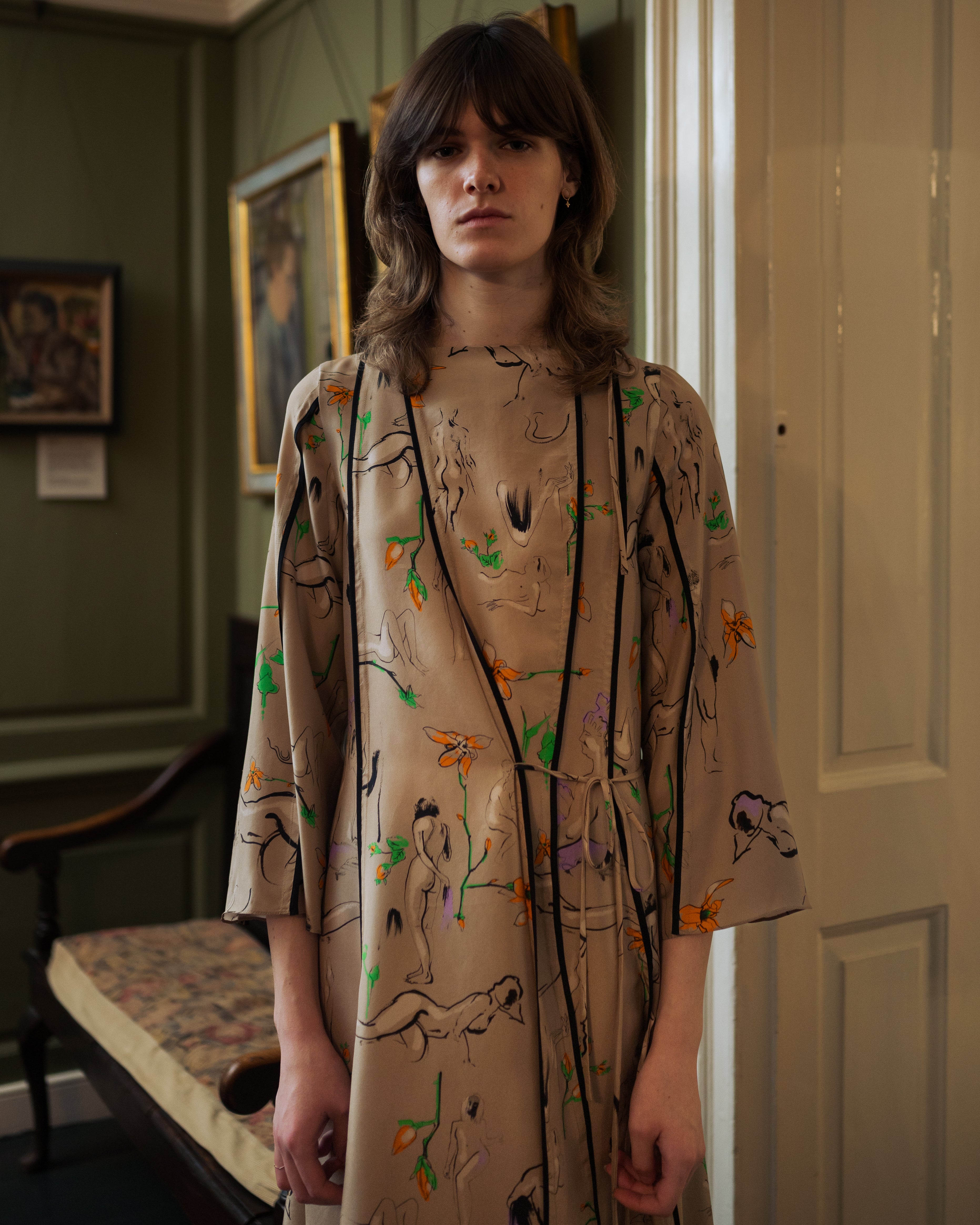 JUNE SAMPLE SALE ponds life drawing print, on silk dress, Medium