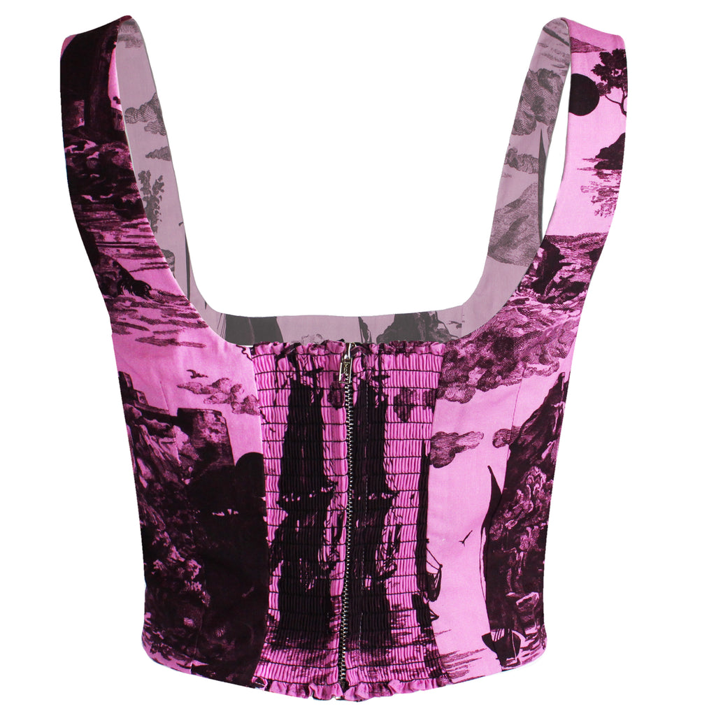 May Bodice Top in Doomed Voyage print, Sorbet pink and Port