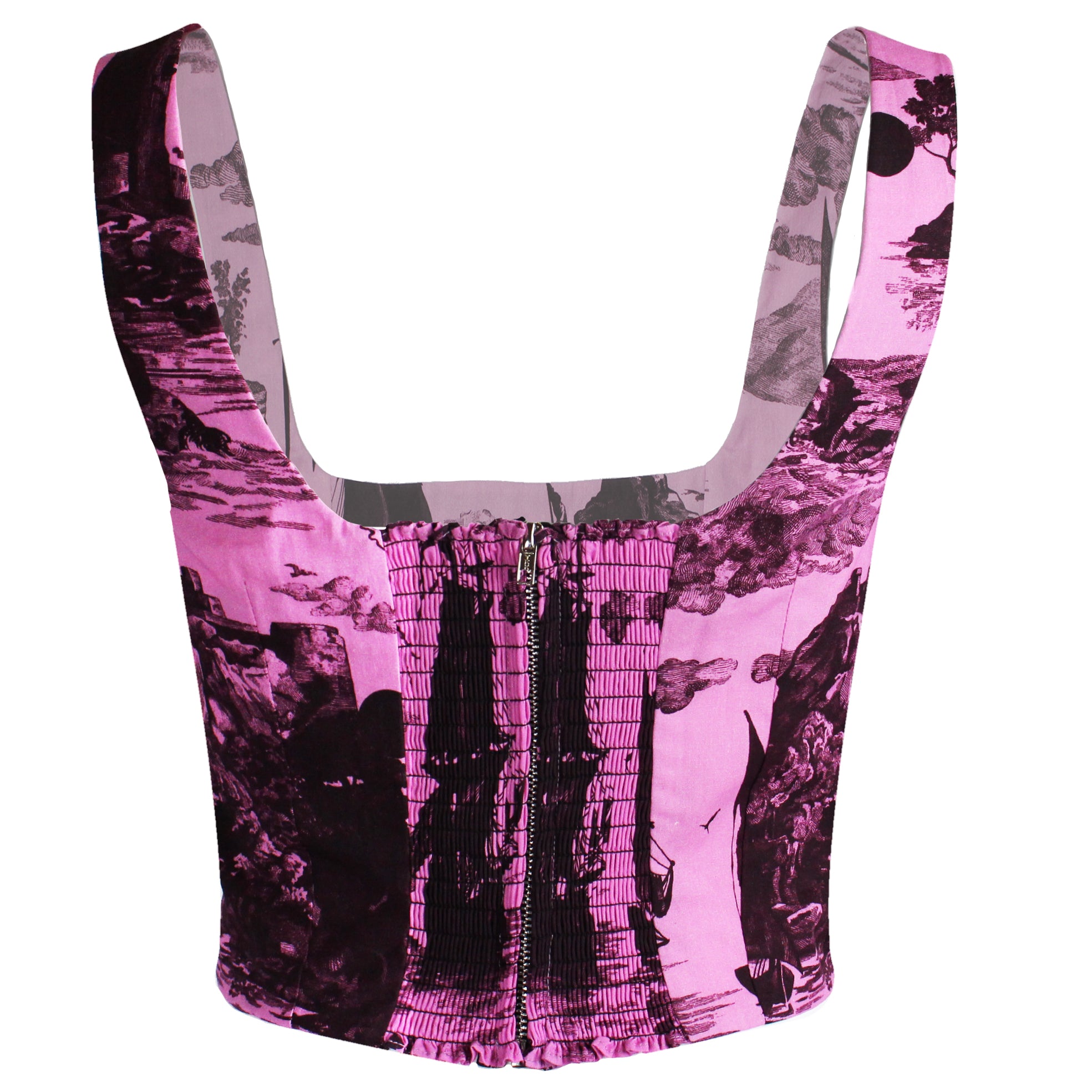 May Bodice Top in Doomed Voyage print, Sorbet pink and Port