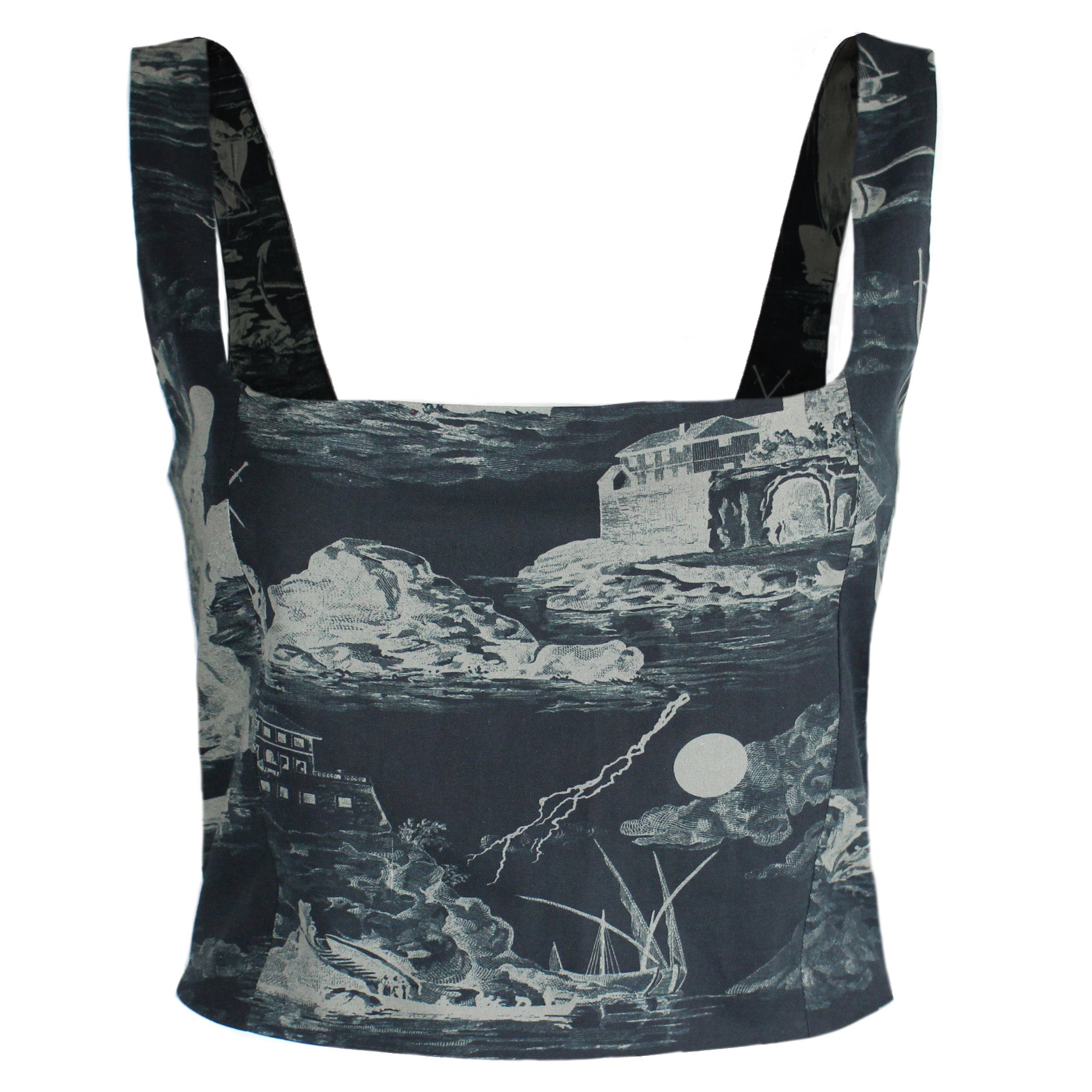 May Bodice Top in Doomed Voyage print, black and beige